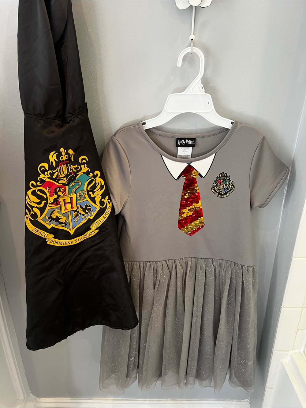 Harry Potter Gray Gryffindor Tie Sequin Dress with Crest-cape